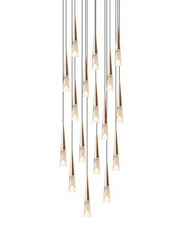 A chandelier with a conical design featuring a brass finish and clear crystal shade with internal bubbles and an iceberg effect. It is equipped with LED lights.